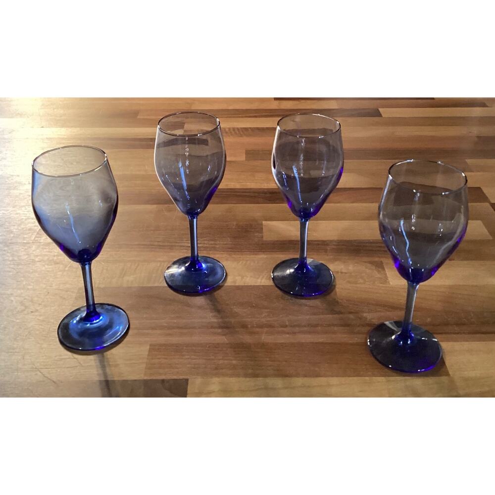 Vintage Teardrop Blue 6 Oz Stemmed Wine Glasses 6.5” Water Goblet Set of 4